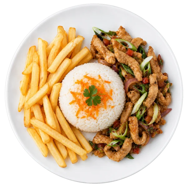 Pollo Salteado Con Arroz Y Papas Fritas